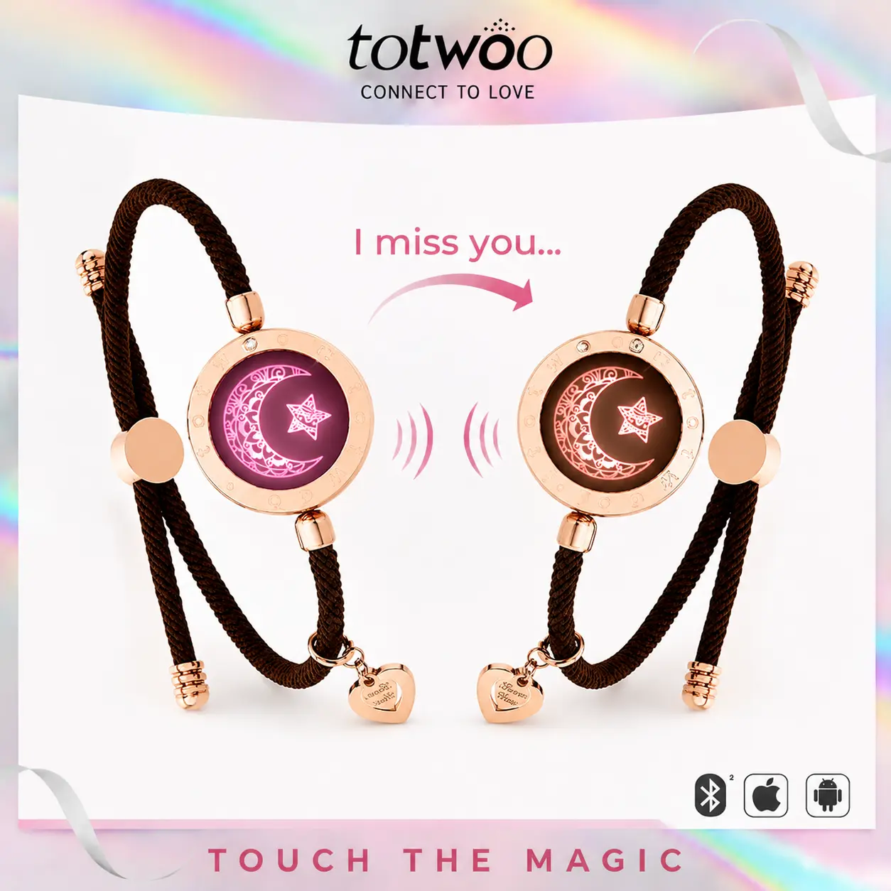 TOTWOO Long Distance Touch Bracelet Set, Unisex Wear Matching Double Moon Lover Bracelets for Mom & Daughter, Light Up Connection Non Tarnish Jewelry, Anniversary Gift for Women