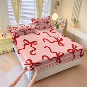 Bow-print fitted Sheet Set,1 Fitted Sheet & 2 Pillowcases without Filler,gentle and sweet,Romantic and soothing style, suitable for young women. Soft and comfortable, suitable for all seasons. A great gift. Multiple styles available.