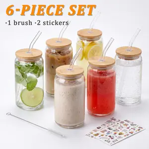 16Oz Can Style Glass Drinkware, Cute Non-Slip Cups Equipped With Bamboo Lids And Glass Straws, Ideal For Iced Coffee, Fruit Juices, Boba Tea And Daily Water