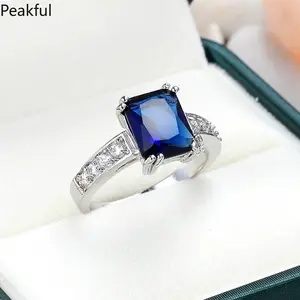 Huitan Square Blue Series Stone Women Rings Simple Minimalist Pinky Accessories Ring Band Elegant Engagement Jewelry Rings