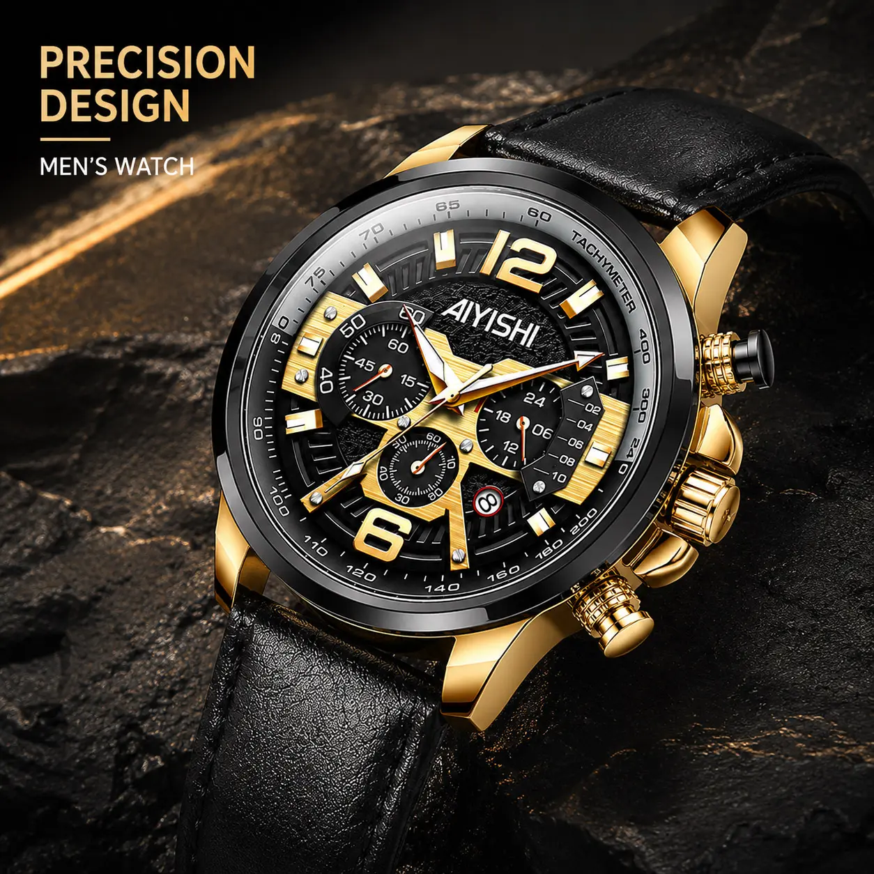 AIYISHI Mens Chronograph Watch Black Dial Big Number Luminous Hands Quartz Waterproof Tachymeter Date Display Leather Strap Sport Business Casual Wristwatch Elegant Gifts for Men，2329