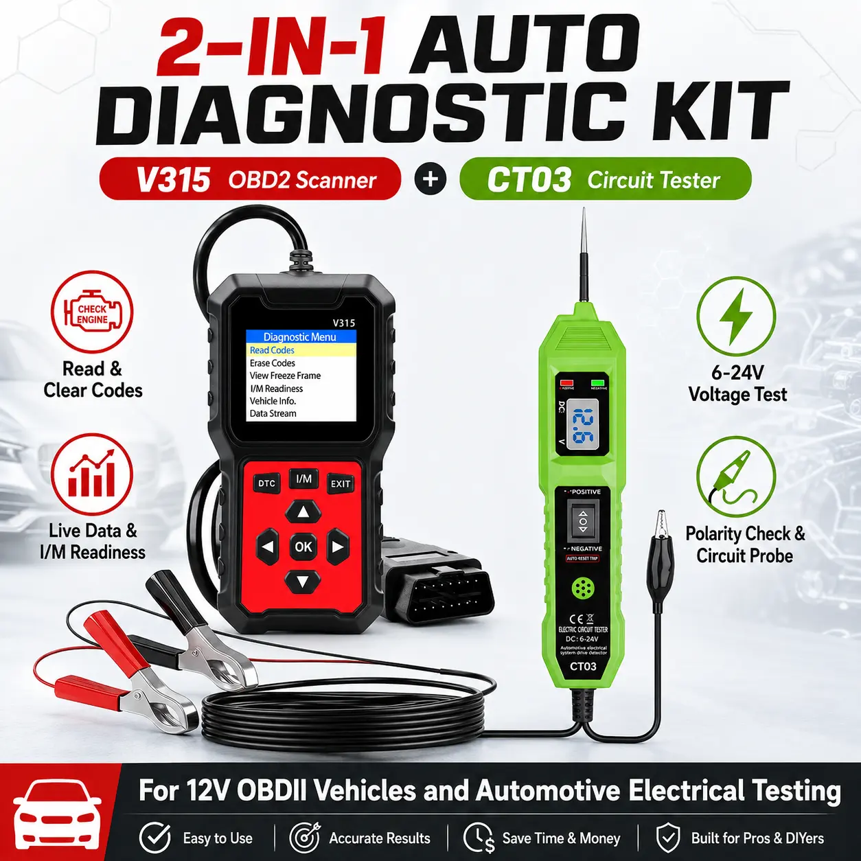 2-in-1 Automotive Diagnostic Tool Kit, V315 OBD2 Scanner Code Reader with CT03 6-24V Circuit Tester, Read Clear Engine Codes, Live Data, I/M Readiness, Voltage and Polarity Test for Cars
