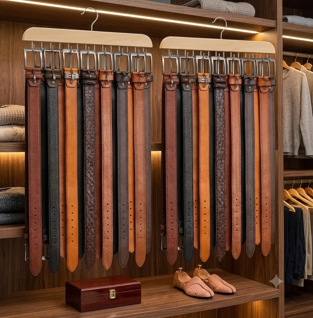 2 Pack Natural Wood Belt Hanger for Closet, Sturdy Belt Rack with 14 Hooks, Holds Up to 28 Belts, Closet Storage Organizer Accessories
