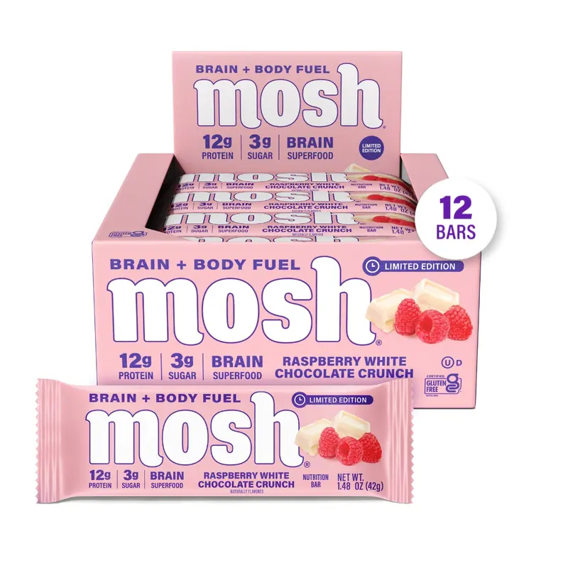 MOSH Raspberry White Chocolate Crunch Protein Bars (Exclusive Limited-Edition) - 12 Bars, High Protein, Lower Sugar, High Fiber, Keto-Friendly, Gluten Free, 6+ Brain Nutrients including Cognizin, Mission Focused and Gives Back