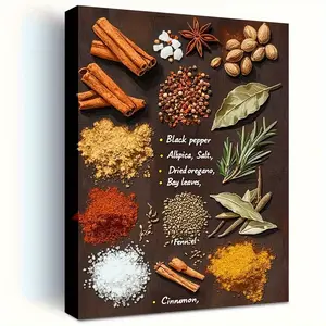 1pc Large Spice Rack Poster - Kitchen, Dining Room, Home Office Decor - Indian, Middle Eastern, Mediterranean, African, Caribbean, Asian Cuisine Art - Cinnamon, Turmeric, Chili, Ginger, Cumin, Coriander, Fennel, Star Anise - Warm Brown Background - E