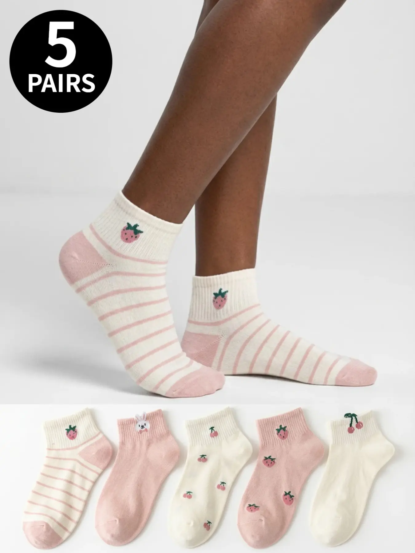 5-pack of women's short socks featuring a pink cherry, strawberry, and rabbit pattern; comfortable, breathable, and casual street-style design; suitable for all seasons, Sock Set, Comfy Breathable Socks
