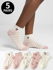 5-pack of women's short socks featuring a pink cherry, strawberry, and rabbit pattern; comfortable, breathable, and casual street-style design; suitable for all seasons, Sock Set