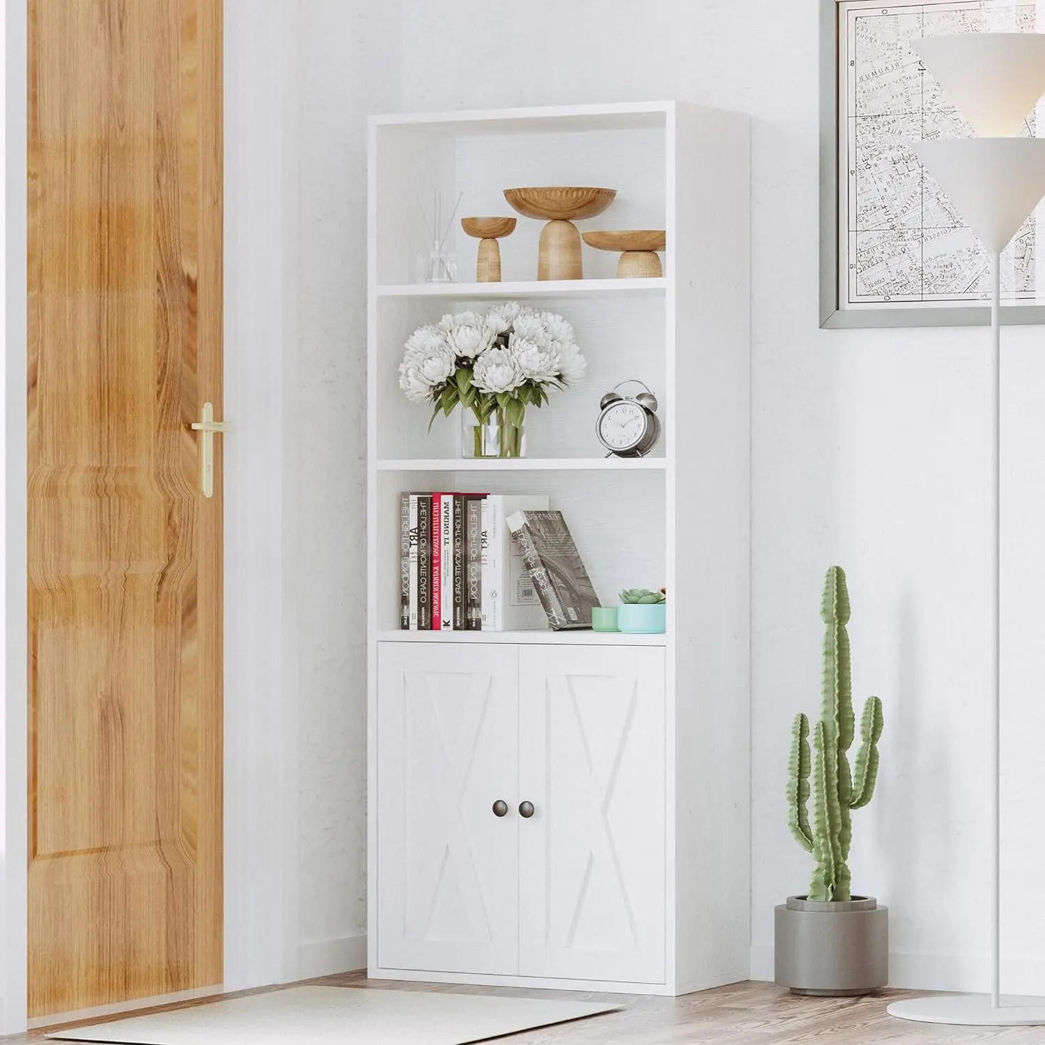 【5-Shelf 11.8in w/ Door】 IRONCK Bookshelf, Industrial Floor-Standing Bookcase with Modern Clean Lines, Depth Display Storage for Home & Office Book Organization