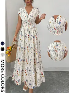 Women's Floral Long Dress, Beach Vacation Style, Casual Chic, Bohemian, Elastic Waist V-Neck Flowy Halter Dress, Elegant Summer, Perfect for Relaxing Days