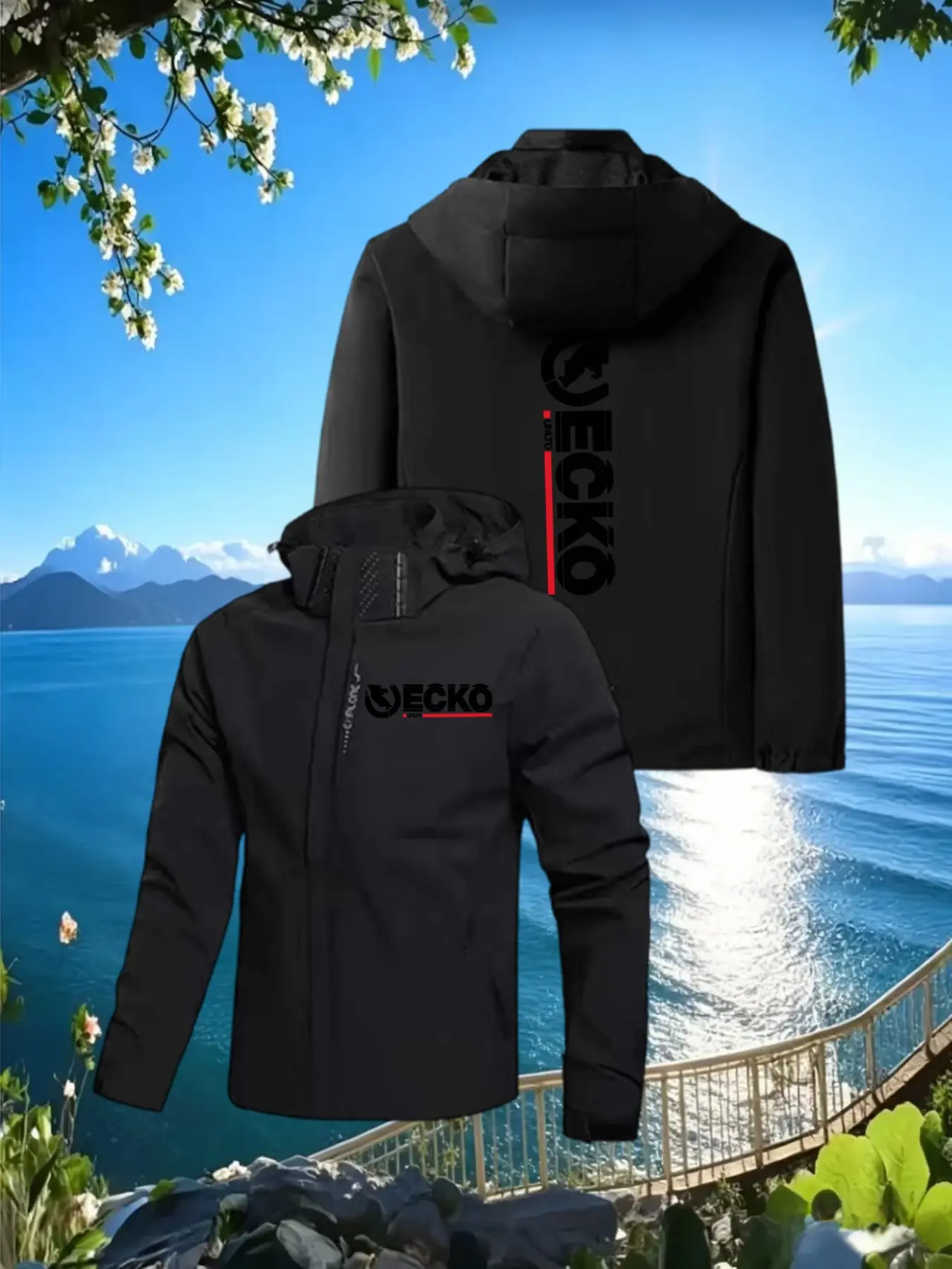 Ecko Letter Print Hooded Jacket, Streetwear Fashion Loose Fit, Geometric Pattern, All Seasons, No Padding, China Made