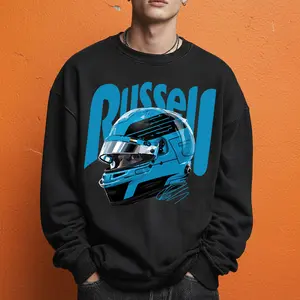 George Russell Signature Helmet T-Shirt - Men's Retro 90s Racing Graphic Washed Tee, Spandex-Fleece Yarn Fabric, Jet-Designed Pocket, Motorsport Fan Apparel, Gift for Racing Lovers
