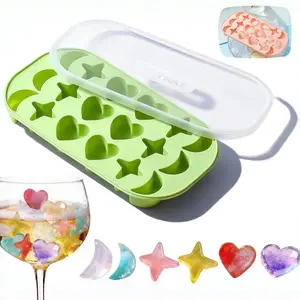 Silicone Ice Cube Tray with Lid, Heart Star Moon Square Shape, Easy Release Mini Ice Molds, Stackable Ice Cubes Maker for Summer Drinks Cocktails