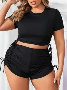【Plus Size】 Two-piece Set Plus Size Solid Ruched Design Tankini Set, Casual Short Sleeve Crop Top & Drawstring Side Skinny Shorts, Women's Two-piece Swimsuit for All Seasons, Tankini With Shorts, Tankini Swimsuits Women