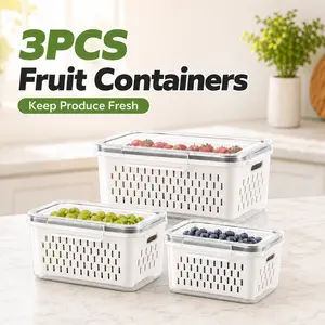 MIUVA 3PCS Fruit Containers for Fridge, Airtight & Dust Proof Produce Storage Containers with Removable Drain Basket, Stackable Food Storage Boxes for Berries, Vegetables, Meal Prep and Leftovers, Transparent Sealed Lid | Deals For You, Mid Year Sale