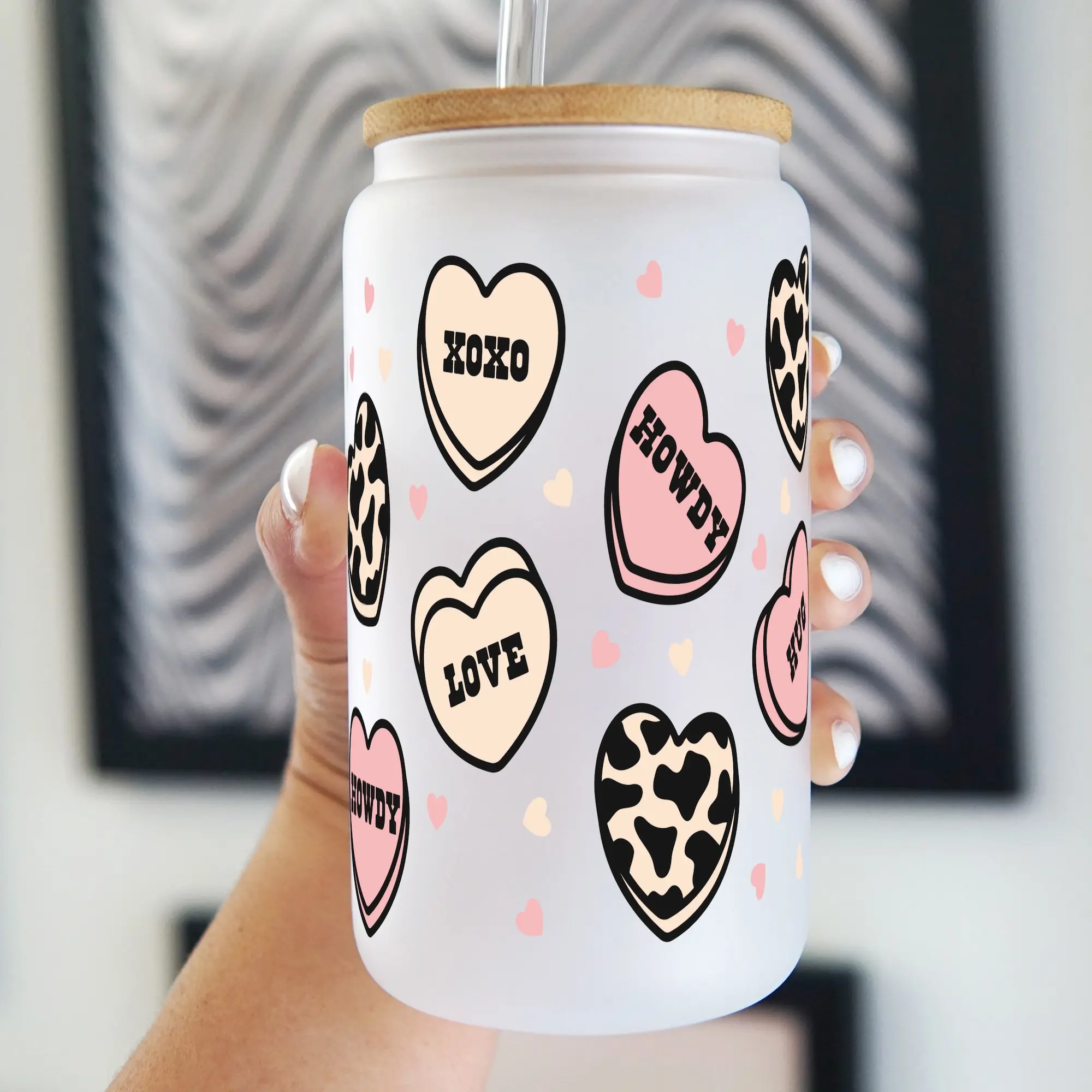 Howdy Valentine's Cow Print 40oz Glass Tumbler with Lid and Straw, Iced Coffee Drinkware, Gift for Her, Acrylic Tumbler, water bottle for women, valentine gift