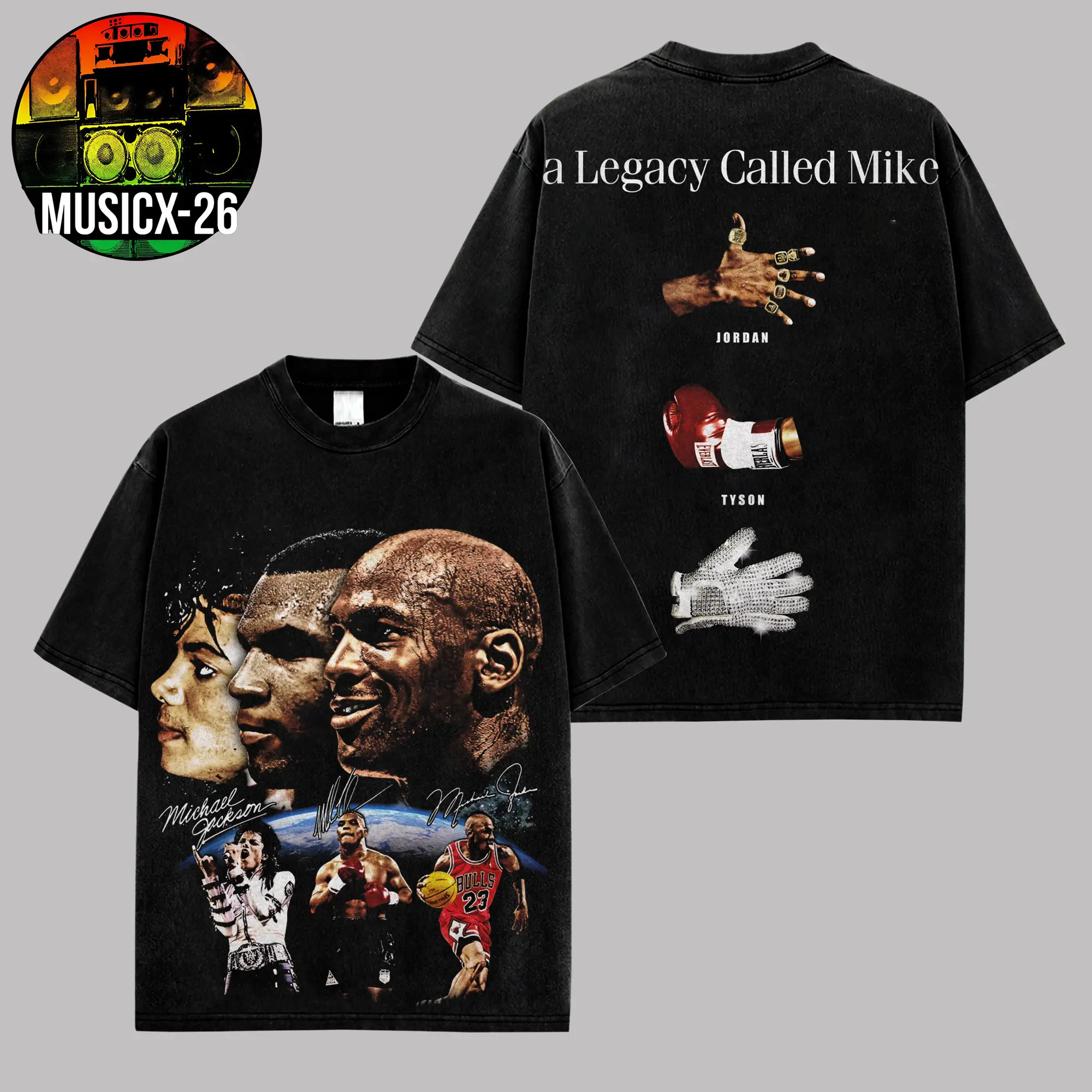 [X-26] 'A Legacy Called Mike' Graphic High-Quality Acid Washed Cotton T-Shirt, Michael Jackson, Michael Jordan, Mike Tyson Retro Concert Collage Fan Merch Tee, King of Pop Classic Dance Pose Graphic Shirt, MJ Collector Edition Music Fan Gift Tee