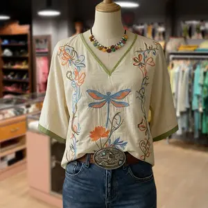 Cherrybetty 100% Cotton Retro Floral Embroidered V-Neck Short Sleeve Cotton Top Comfort Elegant Outfits For Women Spring Fashion Tiktok Shop Spring Glow Up