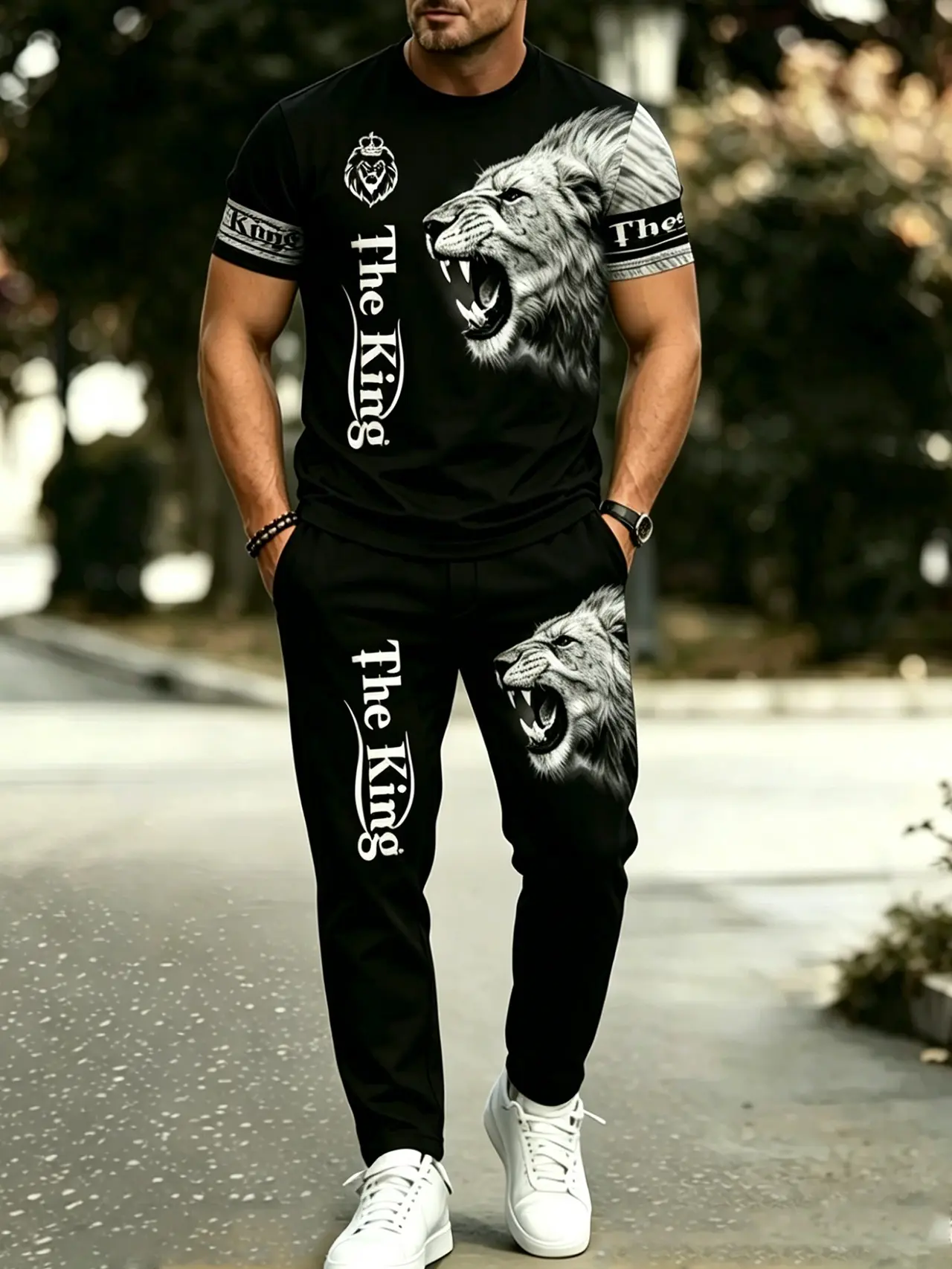 Men's Lion King Print 2-Piece Outfit, Casual Short Sleeve T-Shirt & Drawstring Pants Set fathersdaygift Black Menswear