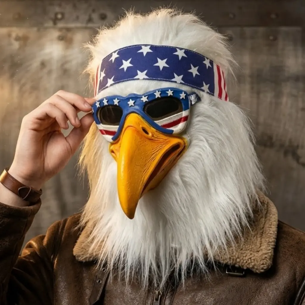 Adult Bald Eagle Rubber Mask with Flag Bandana, Polyester Furry Animal Bird Headpiece, Party Costume Accessory for 4th of July, Halloween Cosplay Props, Accessories, Halloween Adult Masks