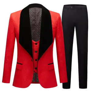Suits for Men 3 Piece Regular Fit Set with Floral Pattern Blazer Jacket, Waistcoat and Pants for Wedding (Suit Jacket + Pants + Vest)-Red Men's Three-Piece prom suit