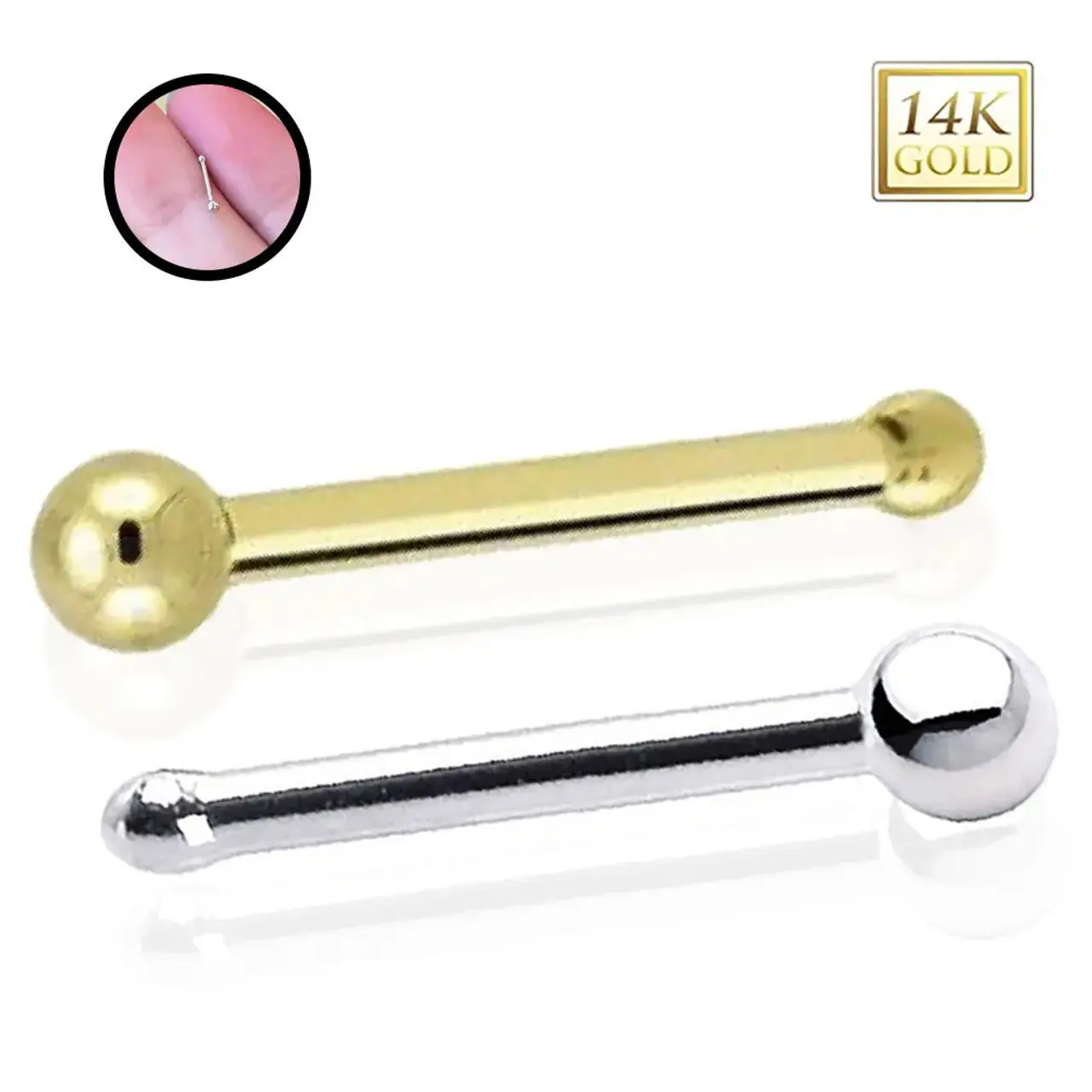 14K Solid Gold 20G Nose Bone Ball End L shaped Stud Nose Ring Piercing Jewelry 6mm