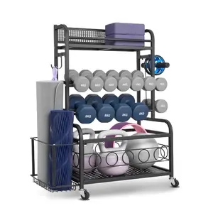 summervibes Steel Frame Yoga Mat Storage Rack - Powder-Coated Home Gym Equipment Organizer with Hooks, Wheels, Weight Holder for Dumbbells, Kettlebells, Foam Rollers, Yoga Straps