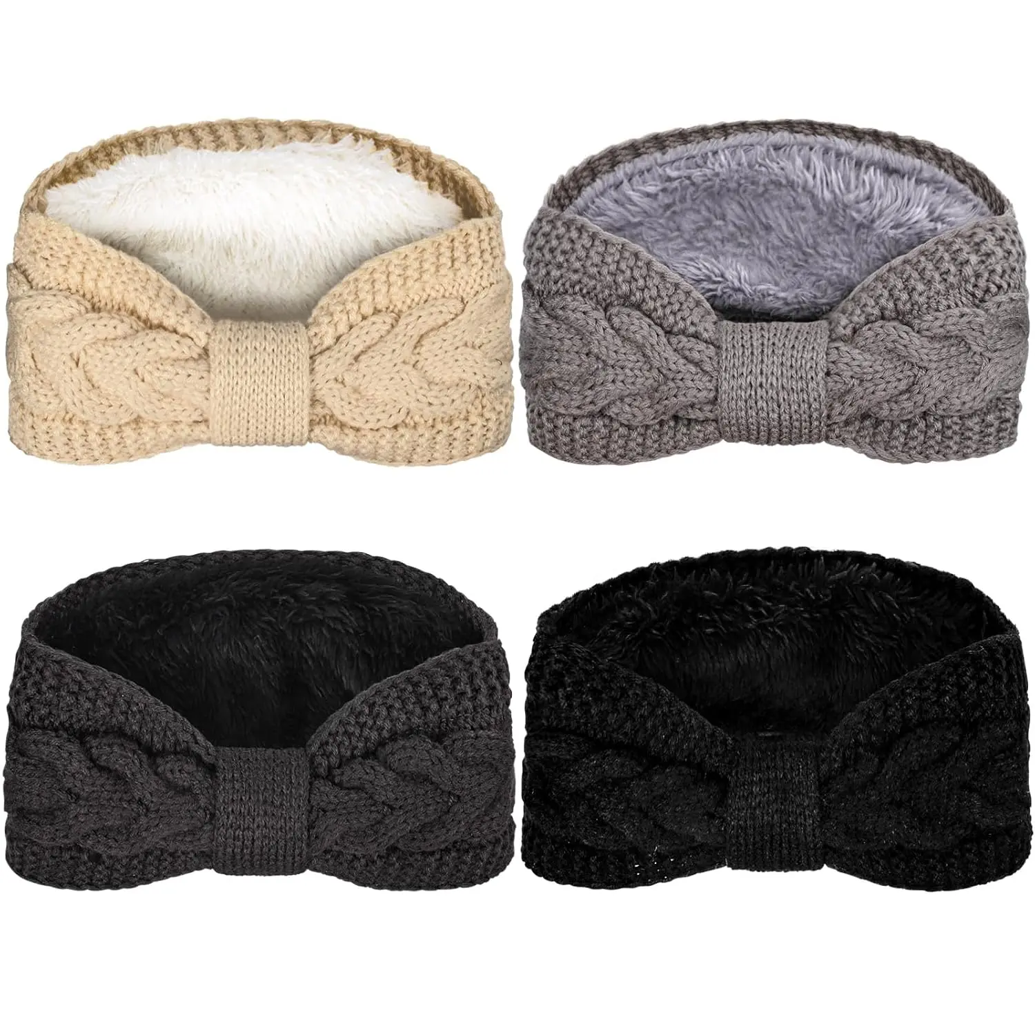 4 Pack Twisted Knit Headbands Winter Knotted Head Wraps Fuzzy Lined Headband Thick Crochet Turban Ear Warmer Elastic Hair Band Accessories for Women (Beige, Black, Grey)