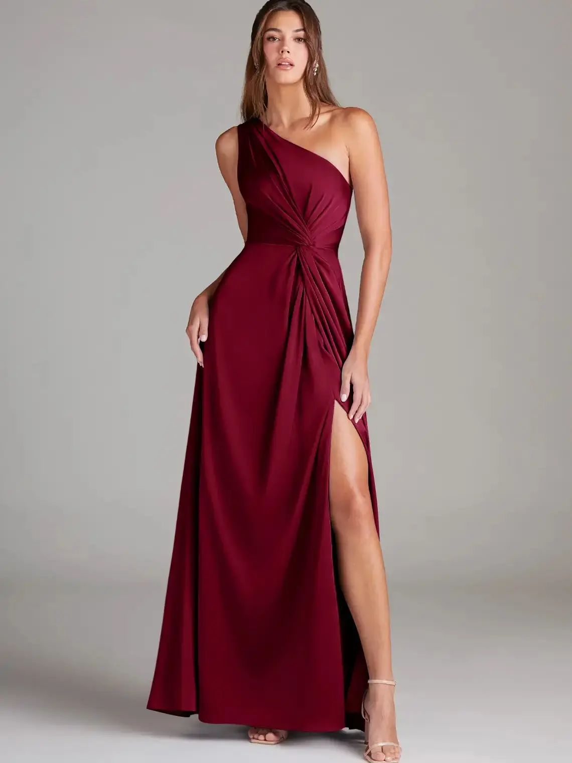Azazie Brooke One Shoulder Ruched Side Knot Slit A-Line Luminous & Stretch Satin Maxi Dress Azazie Brooke One Shoulder Ruched Side Knot Slit A-Line Luminous & Stretch Satin Maxi Dress