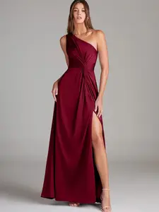 Azazie Brooke One Shoulder Pleated Knot Slit A-line Bridesmaid Wedding Ceremony Stretch Satin Dress Azazie Brooke One Shoulder Pleated Knot Slit A-line Bridesmaid Wedding Ceremony Stretch Satin Dress