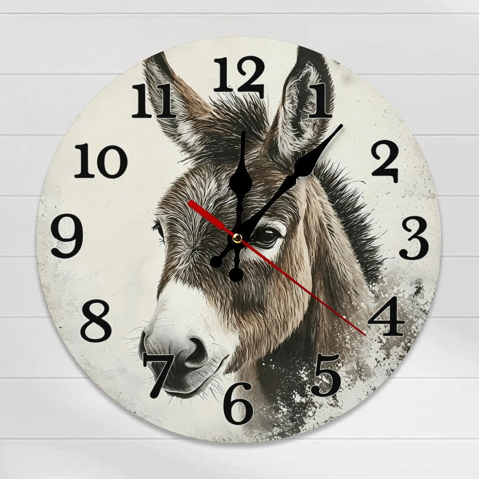Vintage Round Wooden Analog Wall Clock - 10in/12in DIY Assembly Required, Silent Farmhouse Design, Watercolor Donkey Print, Battery Not Included, Ideal for Rustic Room Decor, Entryway Accent, Gift Option