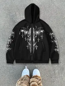 Men's Trendy Dark Culture Zipper Sweatshirt, Skull Cross Thorn Print, Loose Fit, Streetwear Alternative Style, Comfortable Warm Top, Graphic Print Hoodie