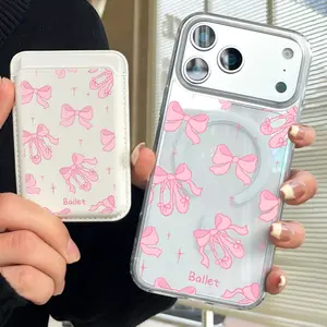 2-in-1 Transparent Magnetic Phone Case with Faux Leather Card Holder, INS-style pink bow pattern. Supports wireless charging, and the card slot can hold one card. Compatible with iPhone 17 Pro Max, 17E, 16E, 16, 15, 14, 13, 12, 11 Pro Max, X, XS,