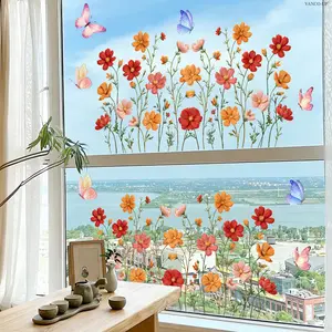 A set (30*60cm*2pcs) hand-painted colorful coreopsis spring floral static cling glass stickers for window display decoration and beautification