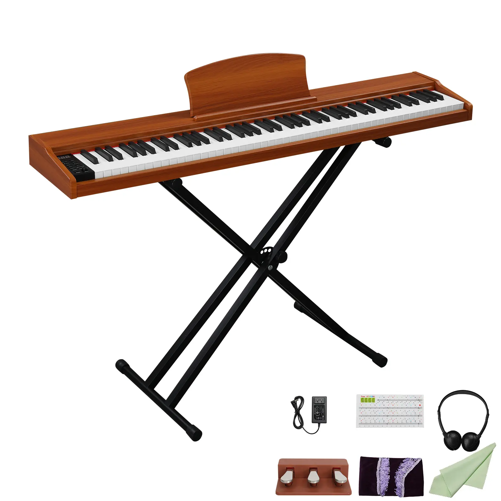 88-Key Full-Size Semi-Weighted Electronic Piano - Walnut Wooden Digital Piano with Stand, USB/MIDI, Bluetooth, Triple Pedals, Headphones, Sheet Note Sticker & Accessories, Beginner-Adult Music Controller Kit