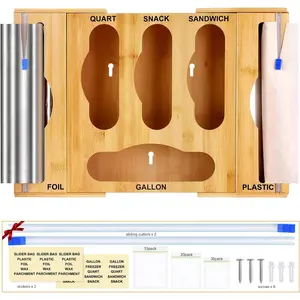 CUGBO Bamboo Ziplock Bag Storage Organizer with Wrap Dispenser & Cutter, Kitchen Drawer Food Baggie Holder for Gallon Quart Sandwich Snack, Wall Mountable