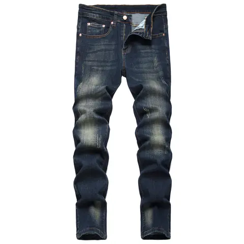 JUNBAOSS Men's Slim Fit Stretchy Dark Wash Jeans - Stretchy Cotton Denim, Mid Waist, Button Front, Plain, Ripped Holes, Distressed Straight Leg, Casual Pockets, Flattering, Streetwear, 2000s-Inspired, Fall Hipster Bottoms, Men's Clothing
