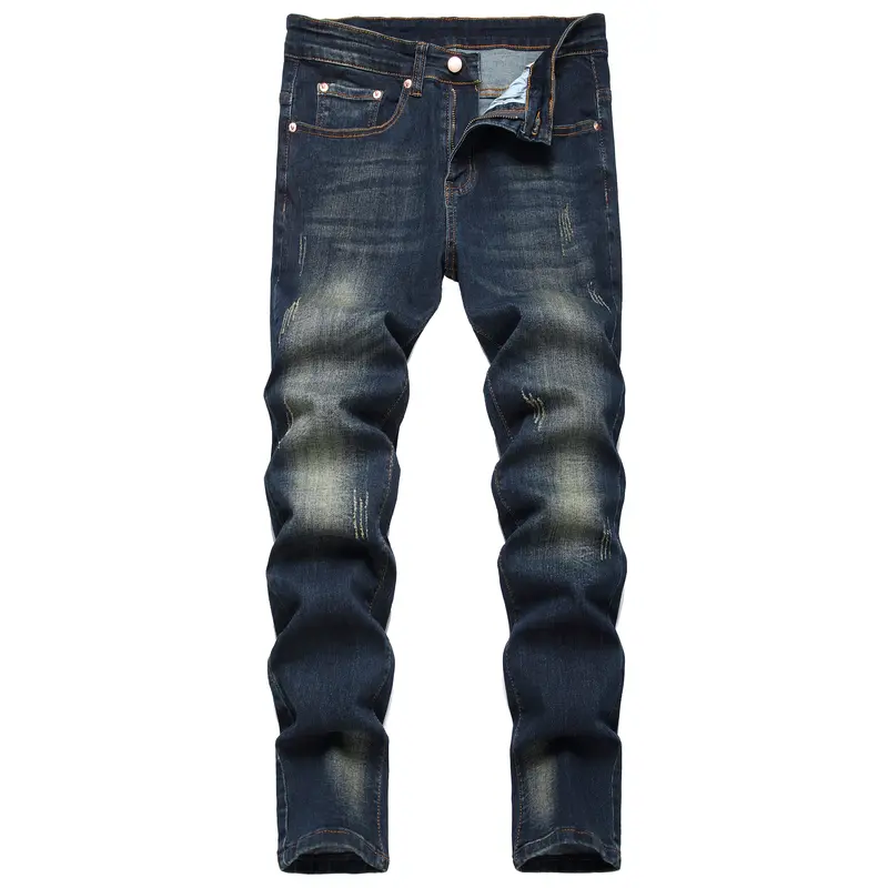 JUNBAOSS Men's Slim Fit Stretchy Dark Wash Jeans - Stretchy Cotton Denim, Mid Waist, Button Front, Plain, Ripped Holes, Distressed Straight Leg, Casual Pockets, Flattering, Streetwear, 2000s-Inspired, Fall Hipster Bottoms, Men's Clothing