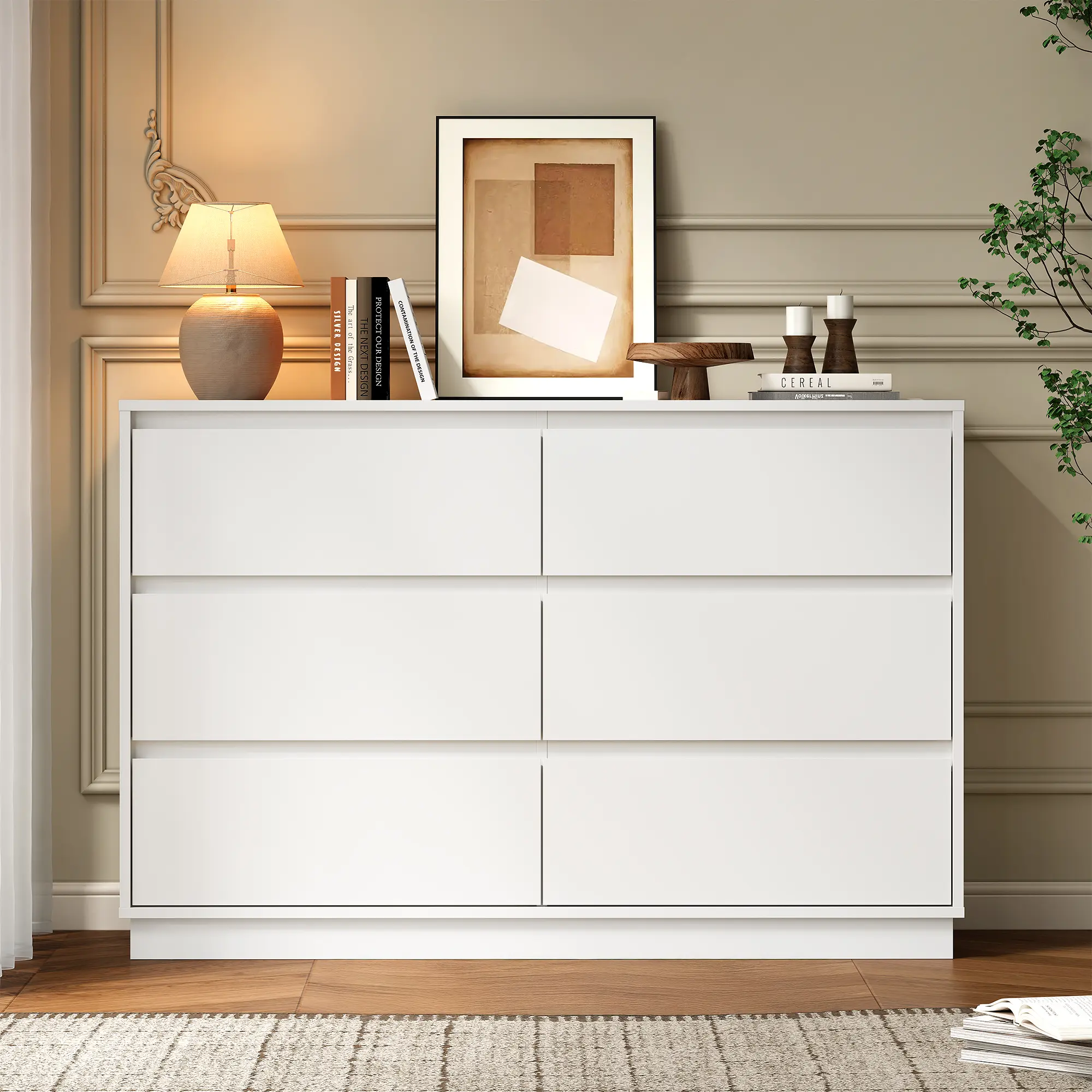 RoyalCraft L 6 Drawer Dresser for Bedroom with Charging Station, 47" Wide Modern Chest of Drawers, Wood Closet Clothes Storage Cabinet for Living Room, Minimalist Decluttering, Mdf Board