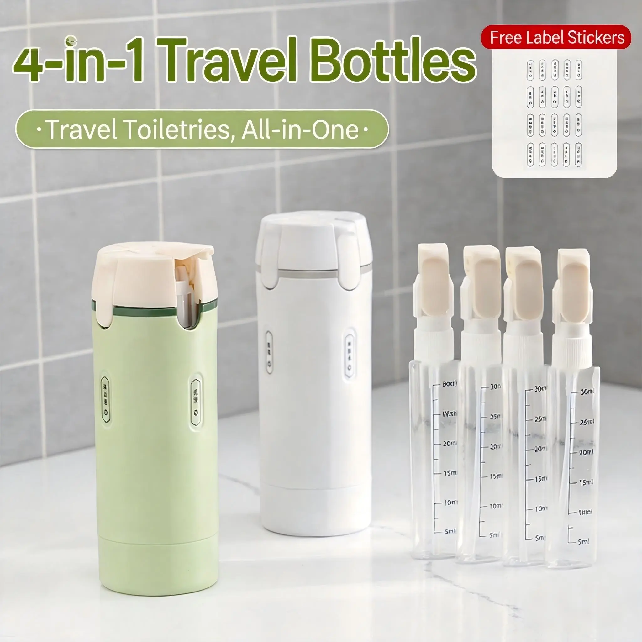 4-in-1 Lightweight Plastic Refillable Screw-Top Leakproof BPA-Free Transparent Travel Lotion Pack - Bathroom Soap Dispensers for Hand Soap, Cosmetics, Shampoo, Window Display, Business Trips