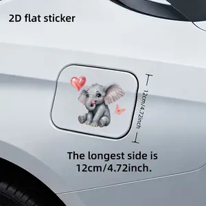 2D flat, 1 2D flat sticker, cute cartoon elephant car fuel tank cap sticker, light gray elephant with brown eyes, pink heart-shaped elephant and decoration, shiny pink heart and butterfly design car sticker
