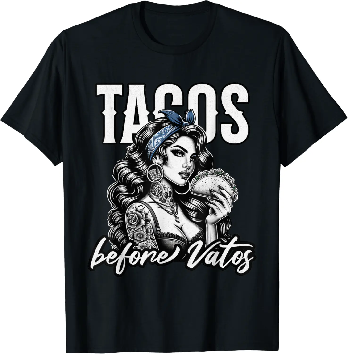 Tacos Before Vatos Queen of Tacos Mexican Latina Chicana T-Shirt - Matthewmatt Shop 20B0D85LS7TC