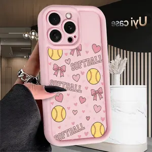 Softball Bow Hearts Phone Case for iPhone 17 Air 16 15 14 13 12 11 Pro Max Plus X XS Shockproof Silicone TPU Bumper Drop Protection Soft Cover Holiday Gifts