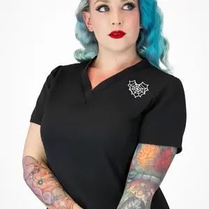 Women's Workwear:  Comfortable Medical and Veterinary Scrub Top - Heart Spiderweb Embroidery