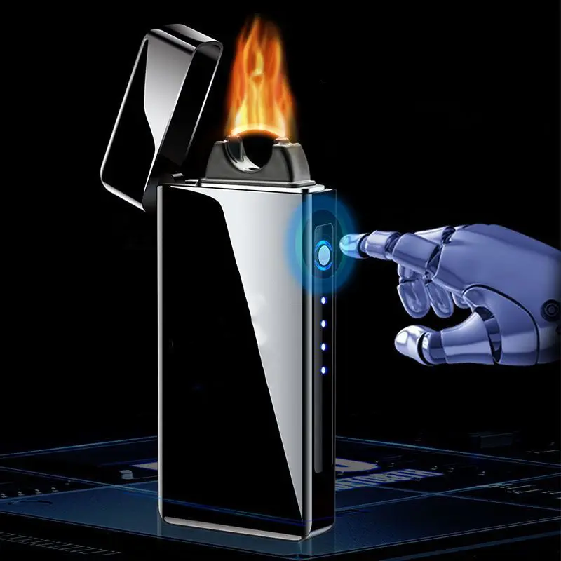 Metal Windproof USB Electric Lighter, Double Arc Flameless Plasma Rechargeable Lighter, LED Power Display Touch Sensor Lighter, Ideal for Outdoor Use & Festive Gifts, Without Battery