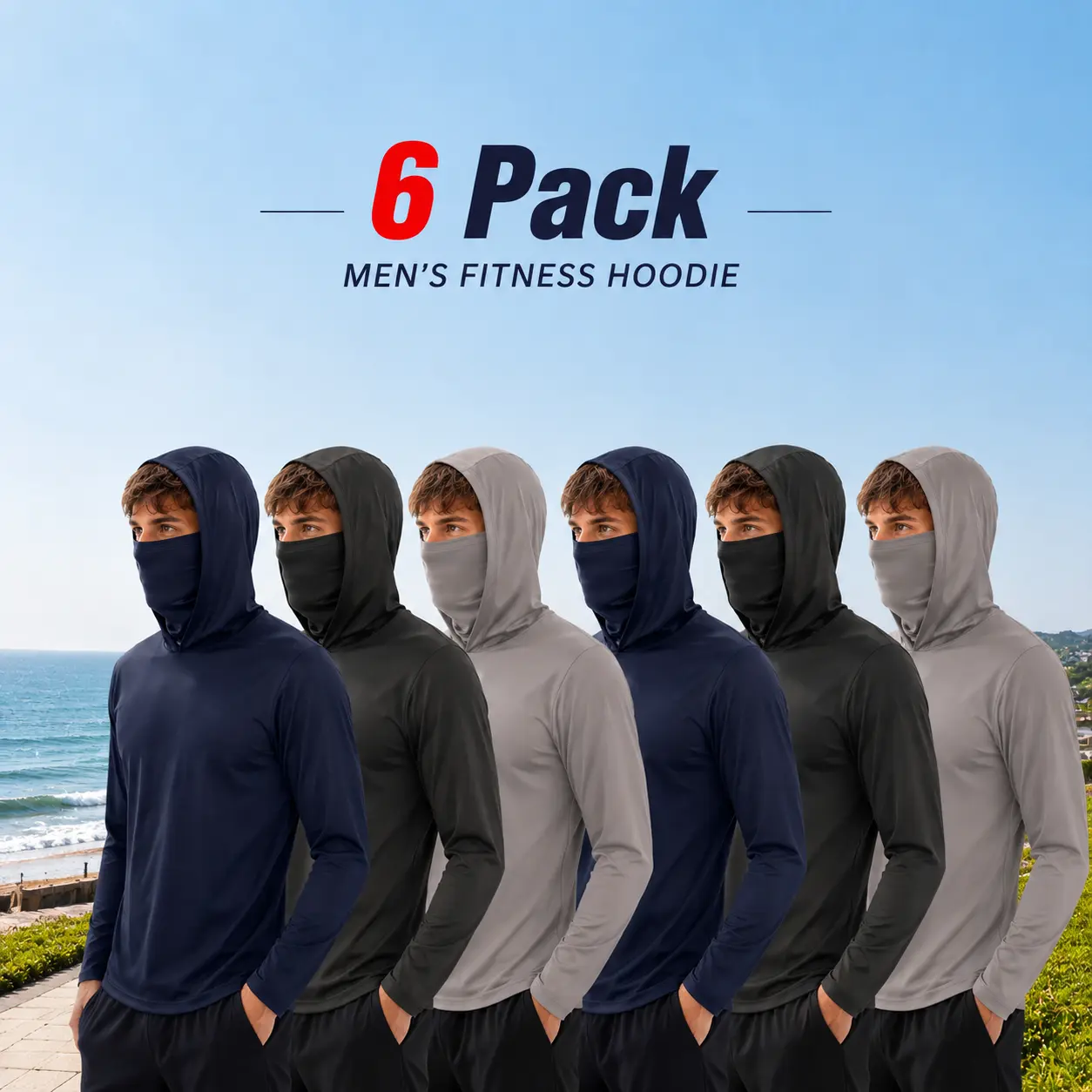 6 Pack Mens Fishing Hoodie Sun Protection Shirts UPF Rash Guard Long Sleeve Shirts Hiking Performance Mesh Face Mask Top