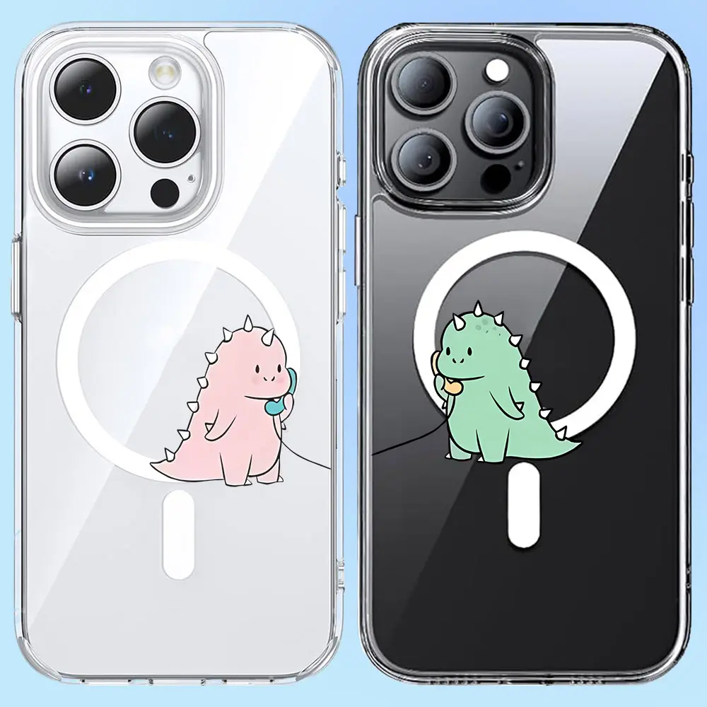 Dinosaur-Themed Magnetic Phone Case & Paired Card Holder Wallet, Couple Design Acrylic Accessories for iPhone 16 Pro Max & Samsung Galaxy S24, MagSafe Compatible, Shockproof, Clear Cover for Smartphone, Cellphone, Handheld Devices