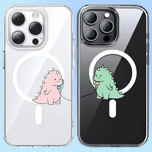 Dinosaur Phone Connection Matching Couple Design Clear MagSafe Compatible Phone Case & Paired Card Holder Wallet - for iPhone 17 Pro Max Plus Air/16/15/14/13/12/11 Magnetic Shockproof Cover