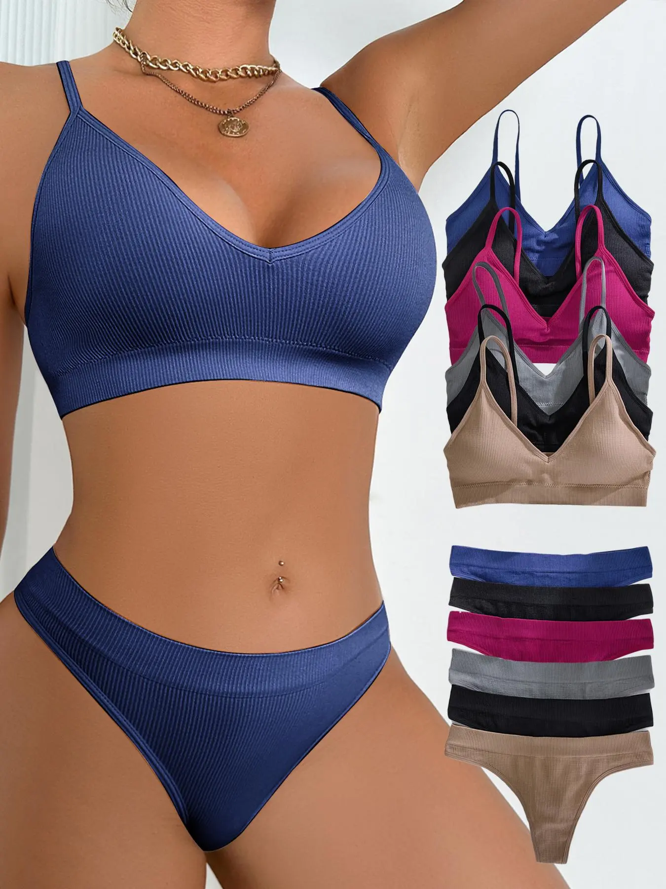 Women's Solid Wireless Bra and Panty Set, Comfy Breathable Bra and Thong Set with Removable Pads, Soft Basic Essential Underwear Set with Casual Panties