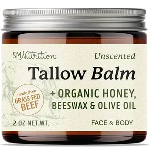 SMNutrition Unscented Tallow Balm with Organic Honey Beeswax & Olive Oil for Face & Body 2 oz Paraben BPA Cruelty Free Grass Fed Beef Tallow for Skin Support