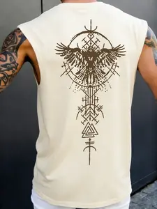 Nordic Odin Raven Sleeveless T-Shirt - Gothic Rune Ethnic Graphic Dark Streetwear Top, Menswear, Comfortable Casual Summer Tank for Men, Viking Core Aesthetic Muscle Vest for Daily Wear & Music Festivals, Casual Street Fashion